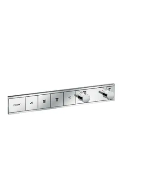 Thermostat-Bedienelement von Hansgrohe für die Steuerung von vier Wasserverbrauchern, mit zwei Drehreglern und Symbolen zur Funktionserkennung auf metallicfarbener Oberfläche.